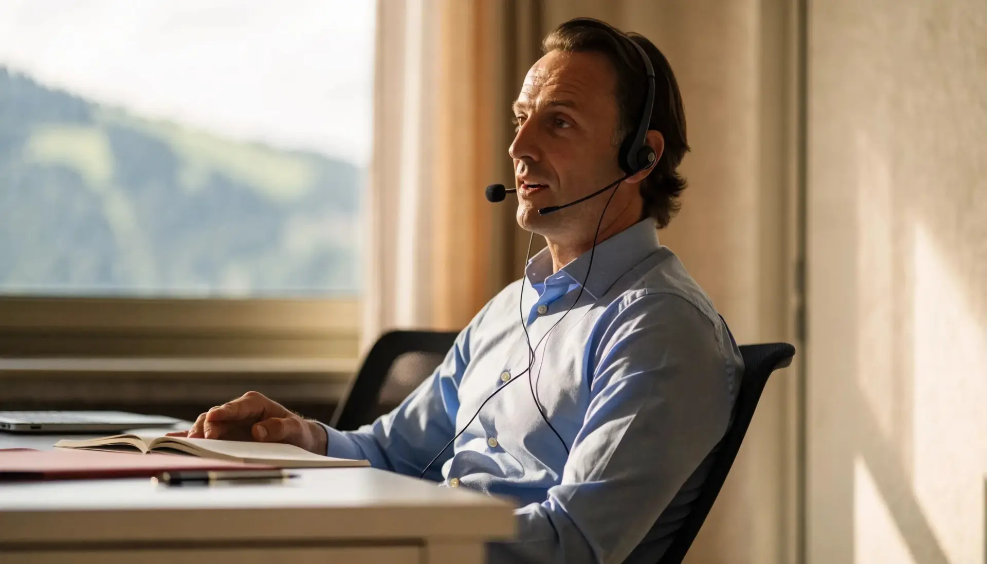 Funnel KI APP: Mann mit Headset im Gespräch am hellen Büro-Schreibtisch (MULTIMEDIAFABRIK, Koblach, Vorarlberg)