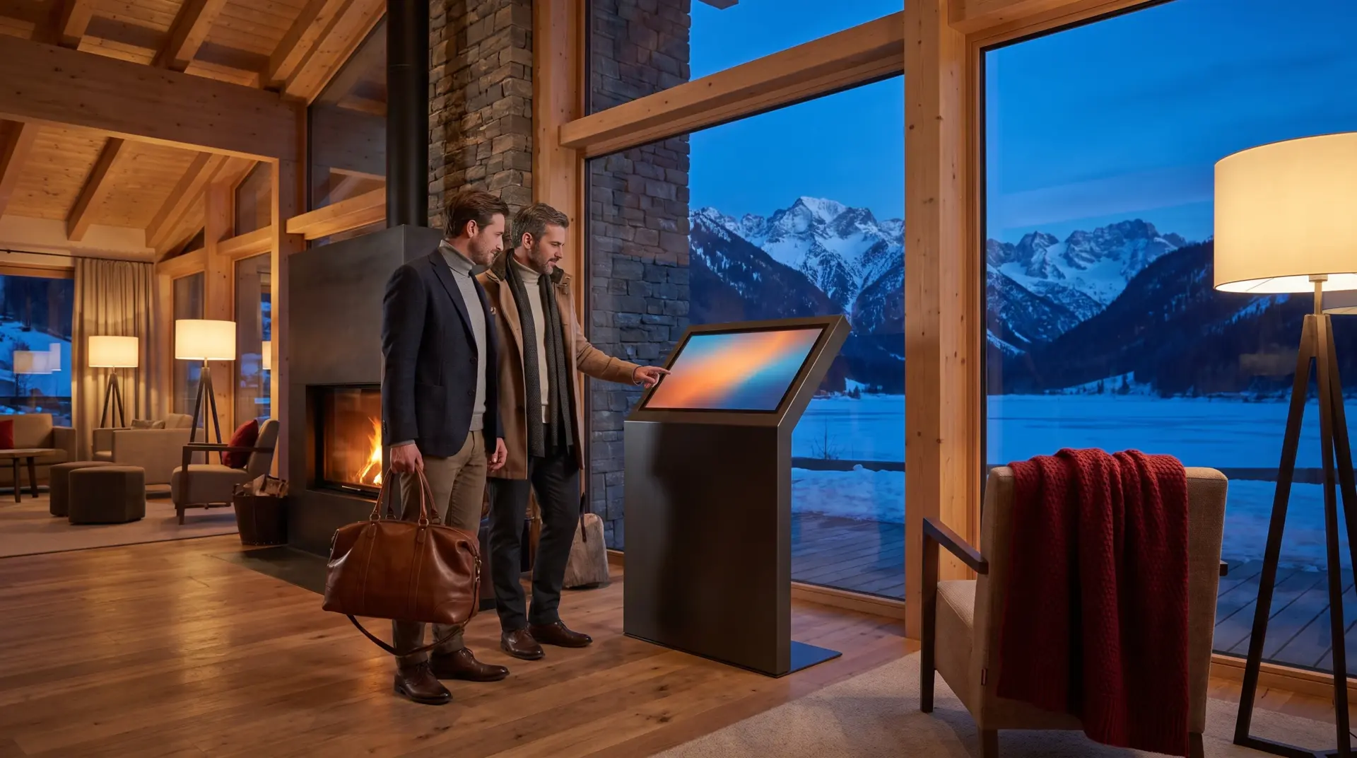 Zwei Gäste bedienen am Abend ein freistehendes Hotel-Infoterminal in einer alpinen Lobby mit Kamin und Bergblick.