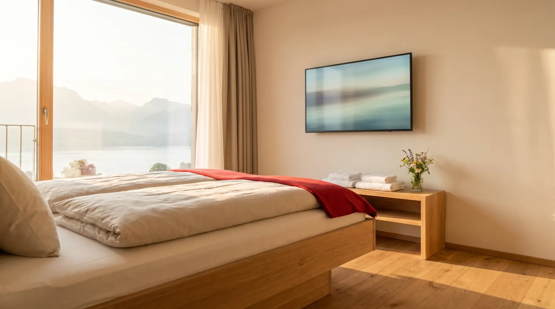 Modernes Hotel-TV am Wandhalter über dem Nachtkästchen in einem gemütlichen Hotelzimmer mit Seeblick und Bergpanorama.