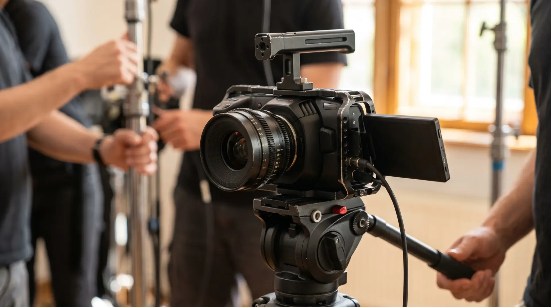 Detailaufnahme einer Blackmagic-Cinema-Kamera mit Cine-Objektiv am Imagefilm-Set
