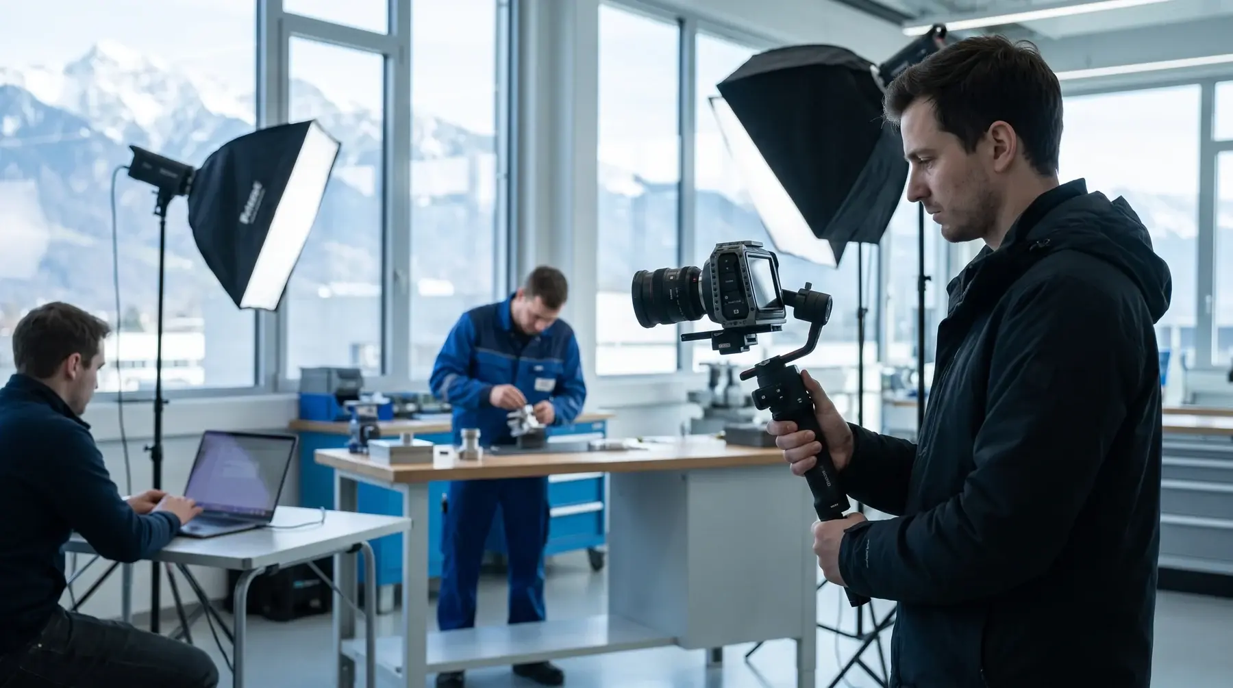 Filmteam der MULTIMEDIAFABRIK dreht einen Imagefilm in einer Fertigung mit Bergblick in Vorarlberg