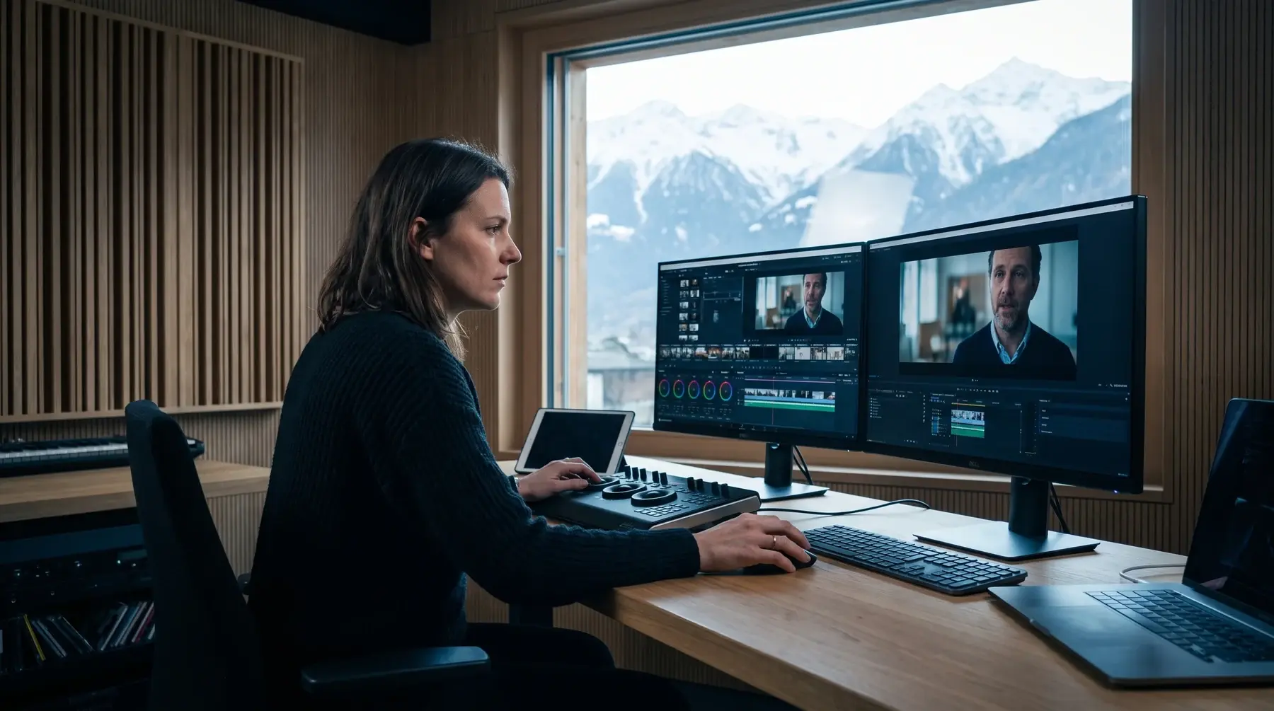 Cutterin der MULTIMEDIAFABRIK bearbeitet eine lippensynchrone KI-Video Übersetzung am Schnittplatz