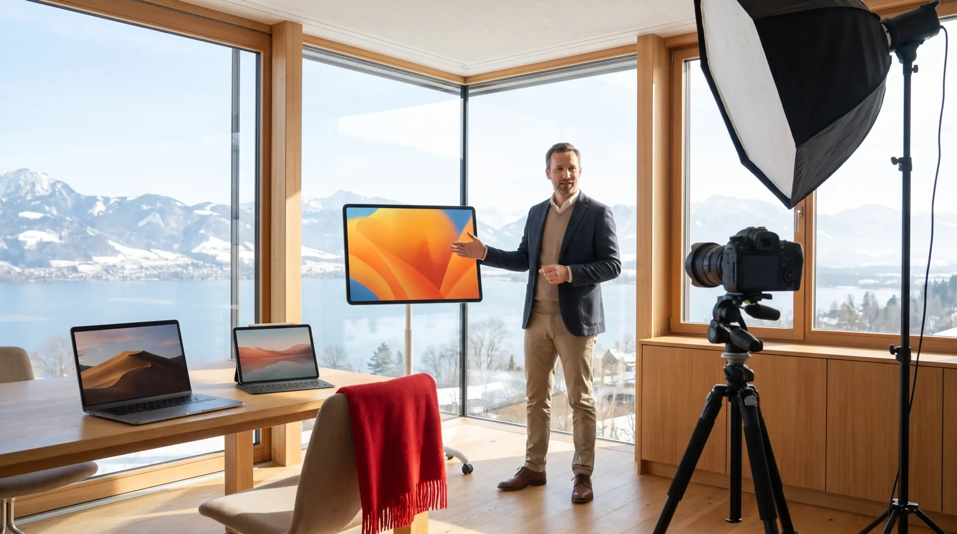 Ein Experte präsentiert vor einer Fensterfront mit Alpenblick, im Vordergrund Kamera und Softbox-Licht für den Dreh eines Knowledge-Videos