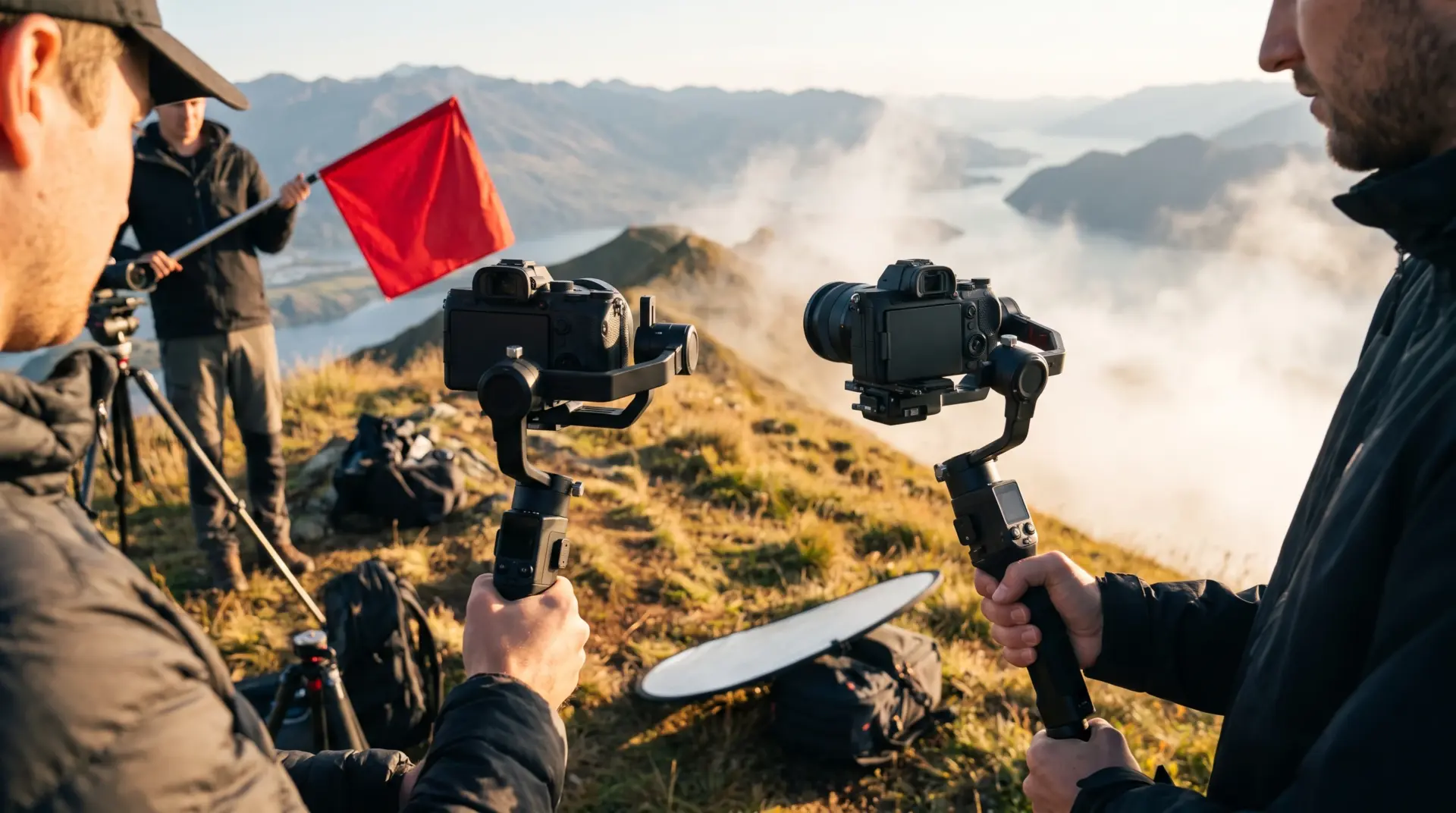 Markenfilme und Brand Videos der MULTIMEDIAFABRIK: Ein Filmteam dreht mit Kamera-Gimbals auf einem Bergkamm im Alpenraum bei Sonnenaufgang.