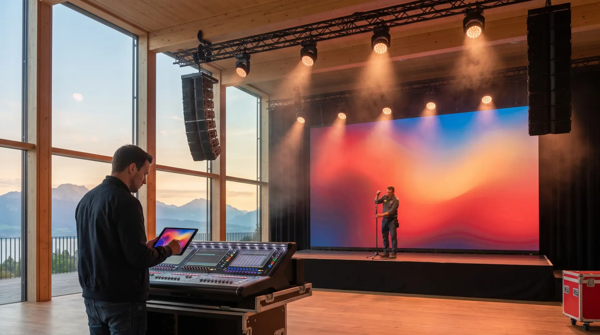 Medientechnik der MULTIMEDIAFABRIK: Techniker am Mischpult in einem Veranstaltungssaal mit LED-Wand, Line-Array-Lautsprechern, Lichttraverse und Blick auf die Berge
