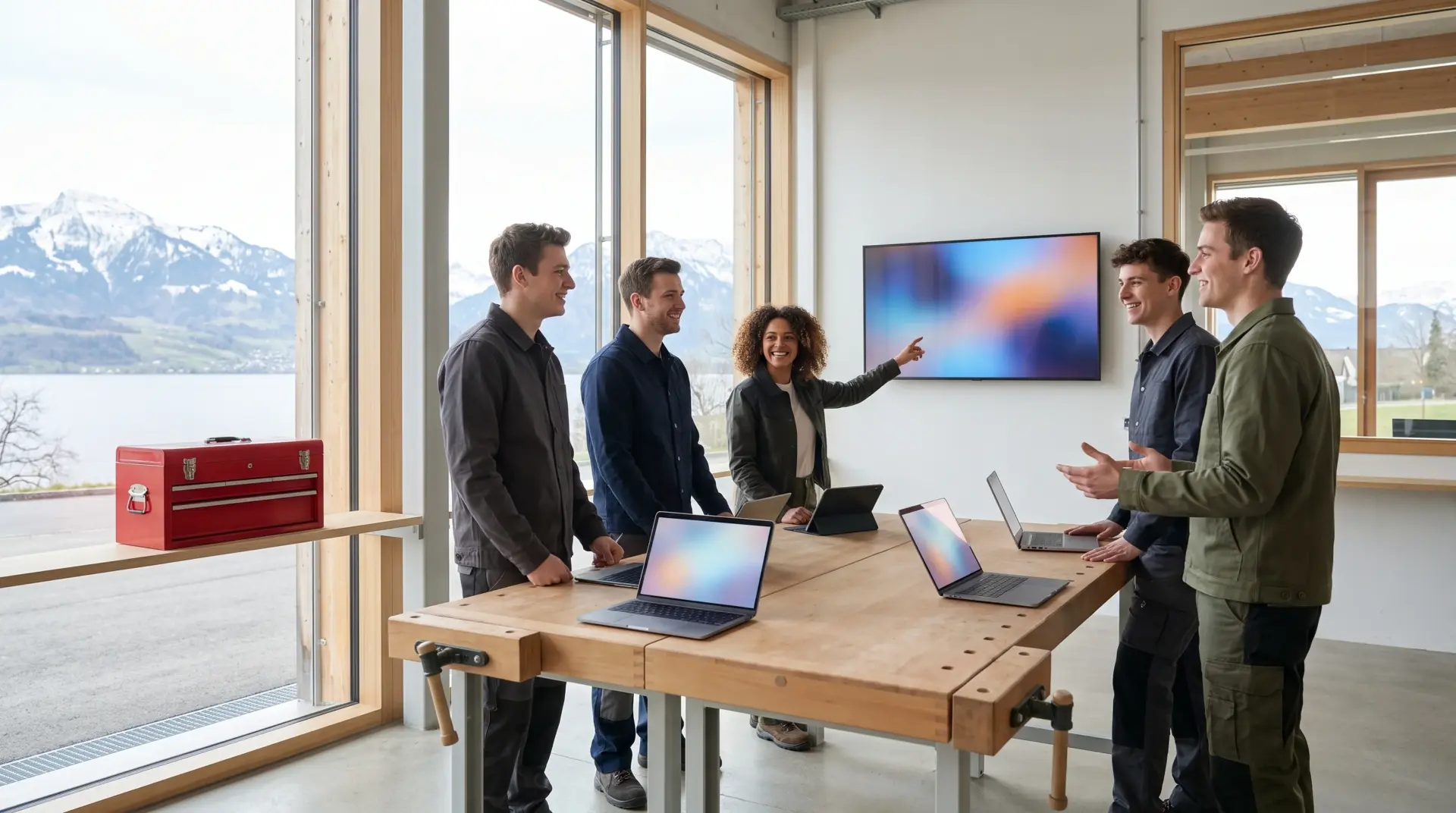 Junges Team lächelt scharf abgebildet in modernem Werkstatt-Loft mit Alpenblick, ein Recruiting-Video entsteht aus dieser authentischen Teamszene.
