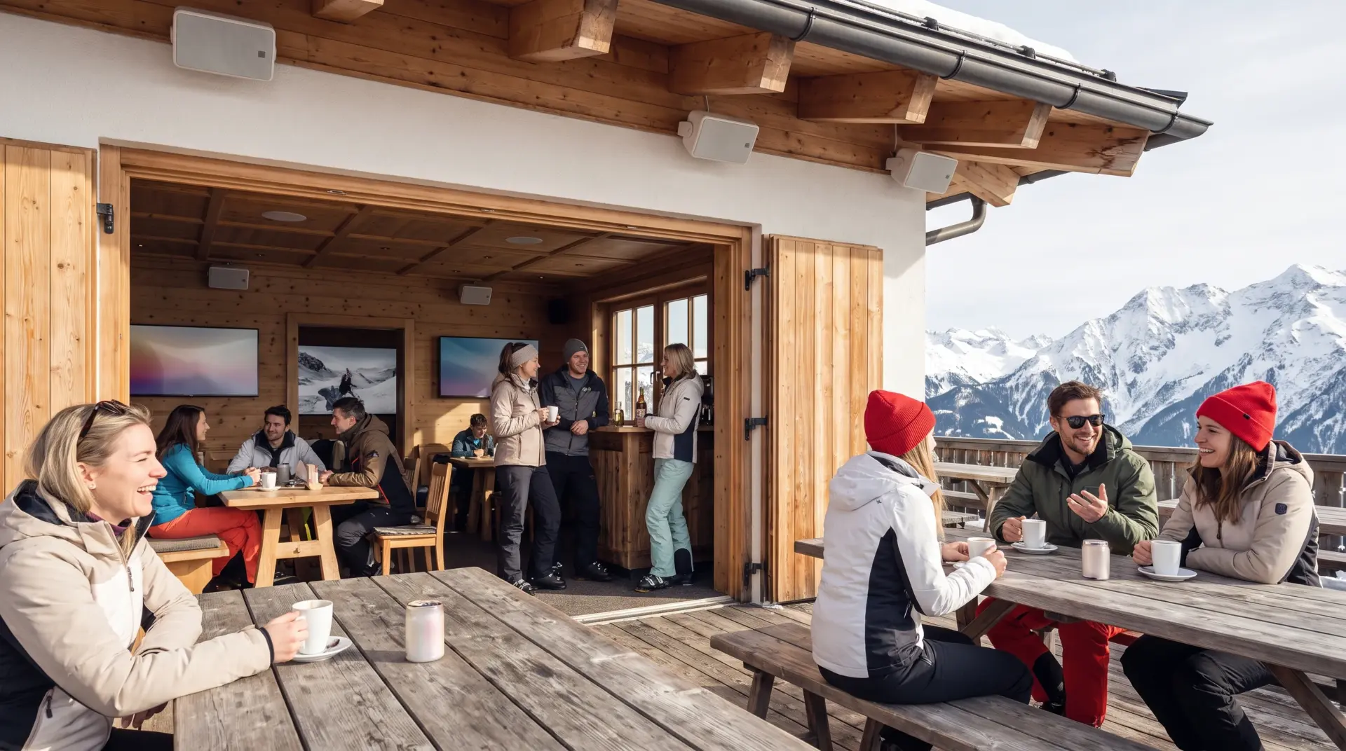 Gäste in Skibekleidung sitzen an der sonnigen Skihütten-Terrasse und im warmen Gastraum, wetterfeste Lautsprecher der Skihütten-Beschallung sind unter dem Holzdach montiert.