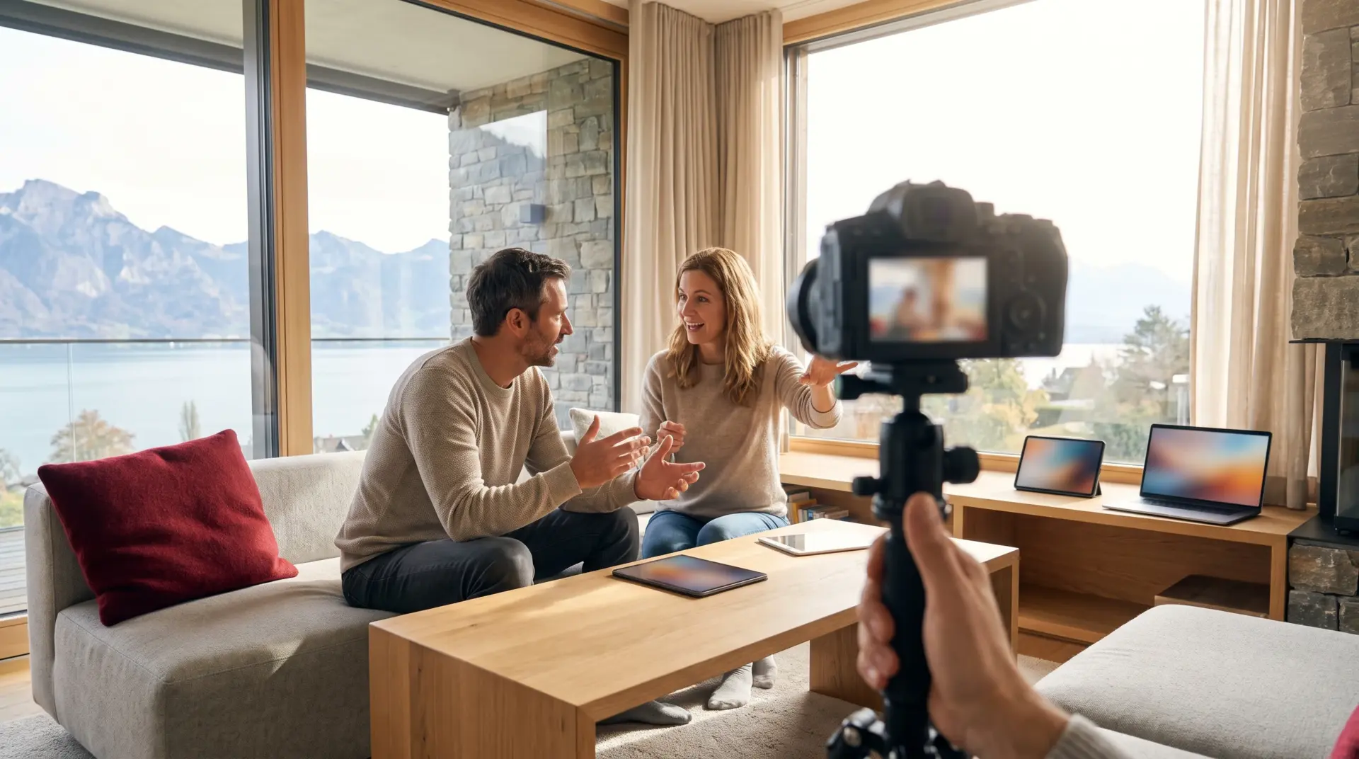 Zwei Personen führen ein authentisches Gespräch vor einer Kamera für ein Storytelling-Video, Bodensee-Blick im Hintergrund