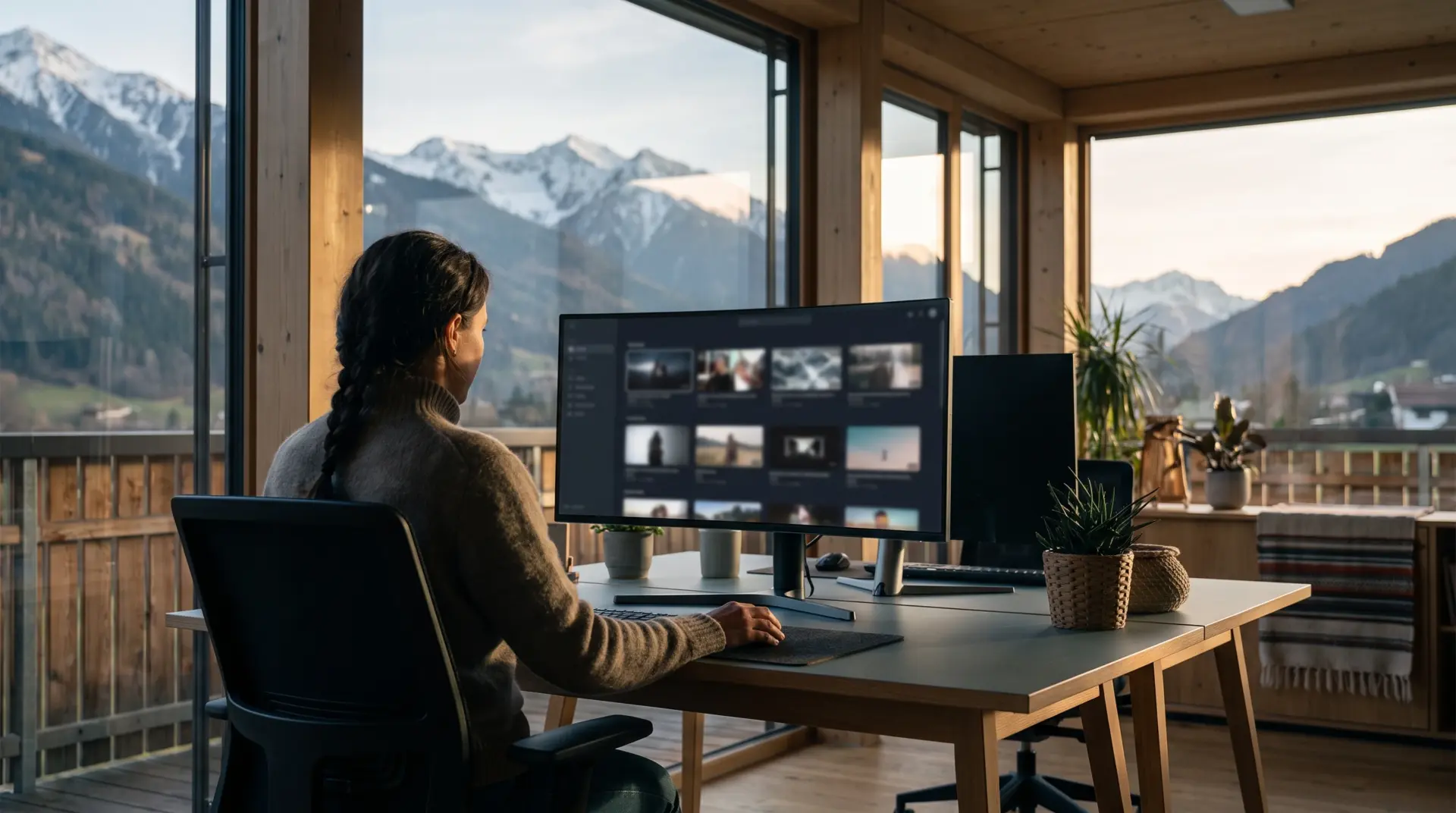 Marketingverantwortliche arbeitet an einer Videomediathek in einem hellen Büro mit Blick auf die Berge