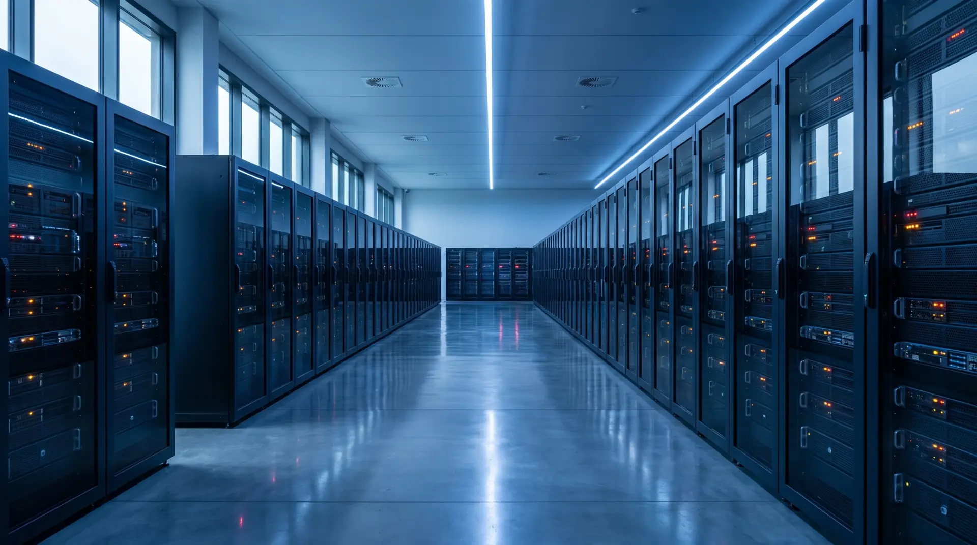 Kühler Serverraum mit Reihen aus Racks als Sinnbild für Hosting in Europa