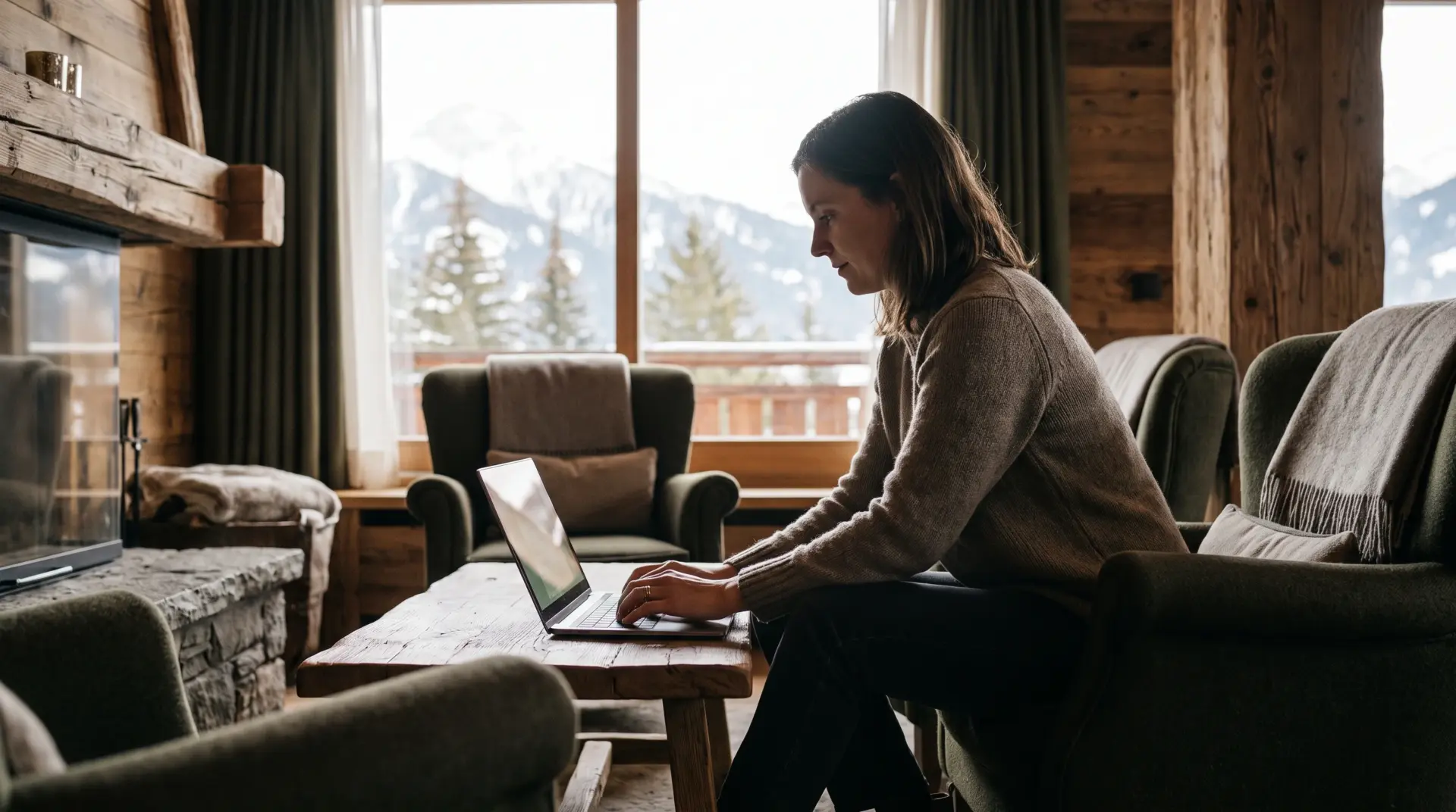 Marketingverantwortliche eines Alpenhotels arbeitet mit Laptop in der Hotellobby