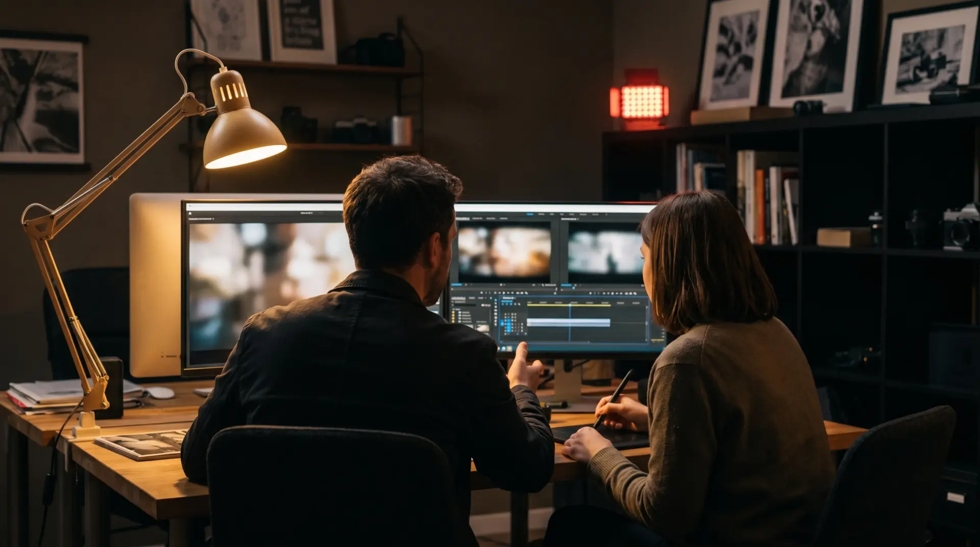 Zwei Personen einer Agentur vergleichen zwei Videofassungen auf zwei Monitoren