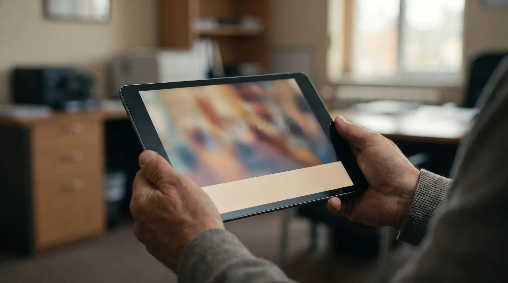 Person sieht ein Video mit eingeblendeten Untertiteln auf einem Tablet