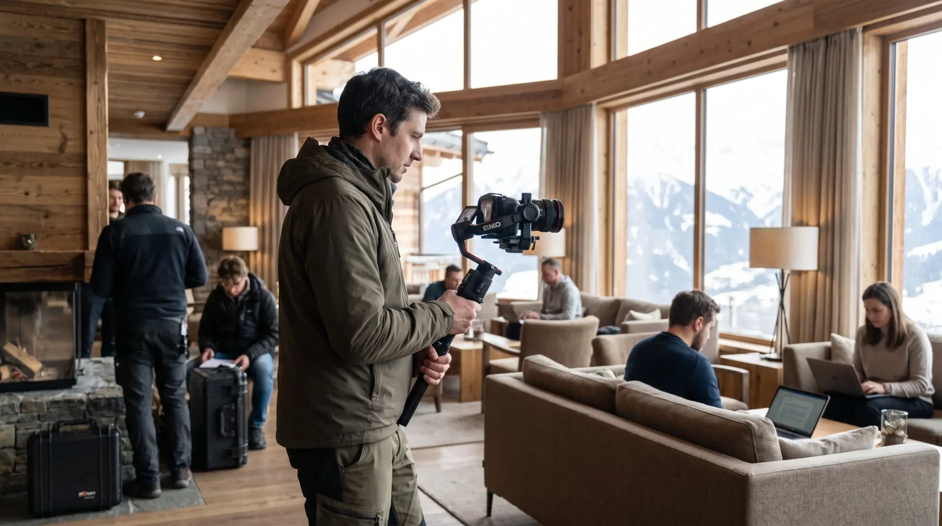 Kameramann filmt mit kompakter Kinokamera auf einem Gimbal in einem Hotel
