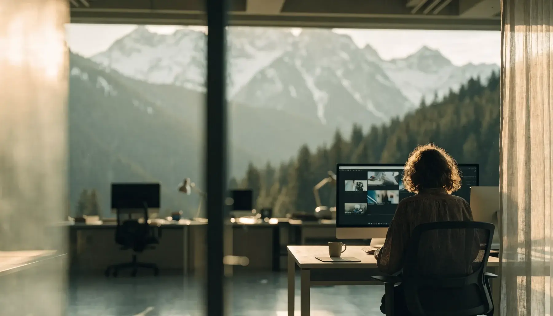 Marketingverantwortliche arbeitet an einer Videomediathek in einem hellen Büro mit Blick auf die Berge