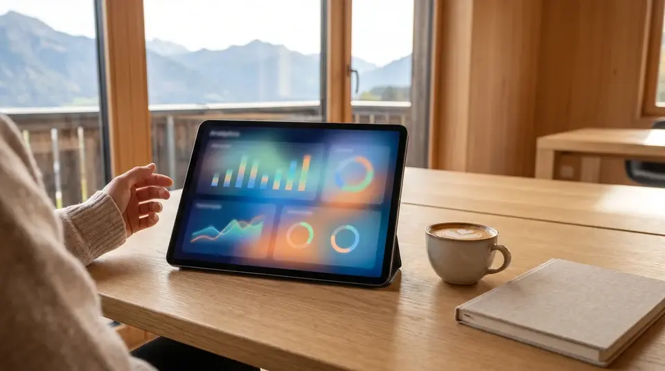 Tablet mit Auswertungs-Diagrammen auf einem Holztisch, Blick ins Rheintal