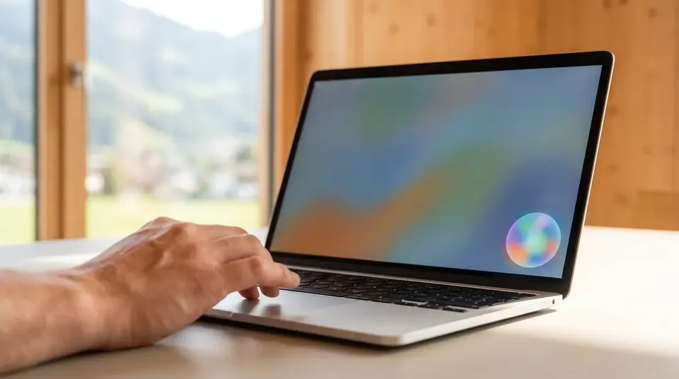Hand an einem Laptop am offenen Fenster, im Hintergrund die Berge Vorarlbergs