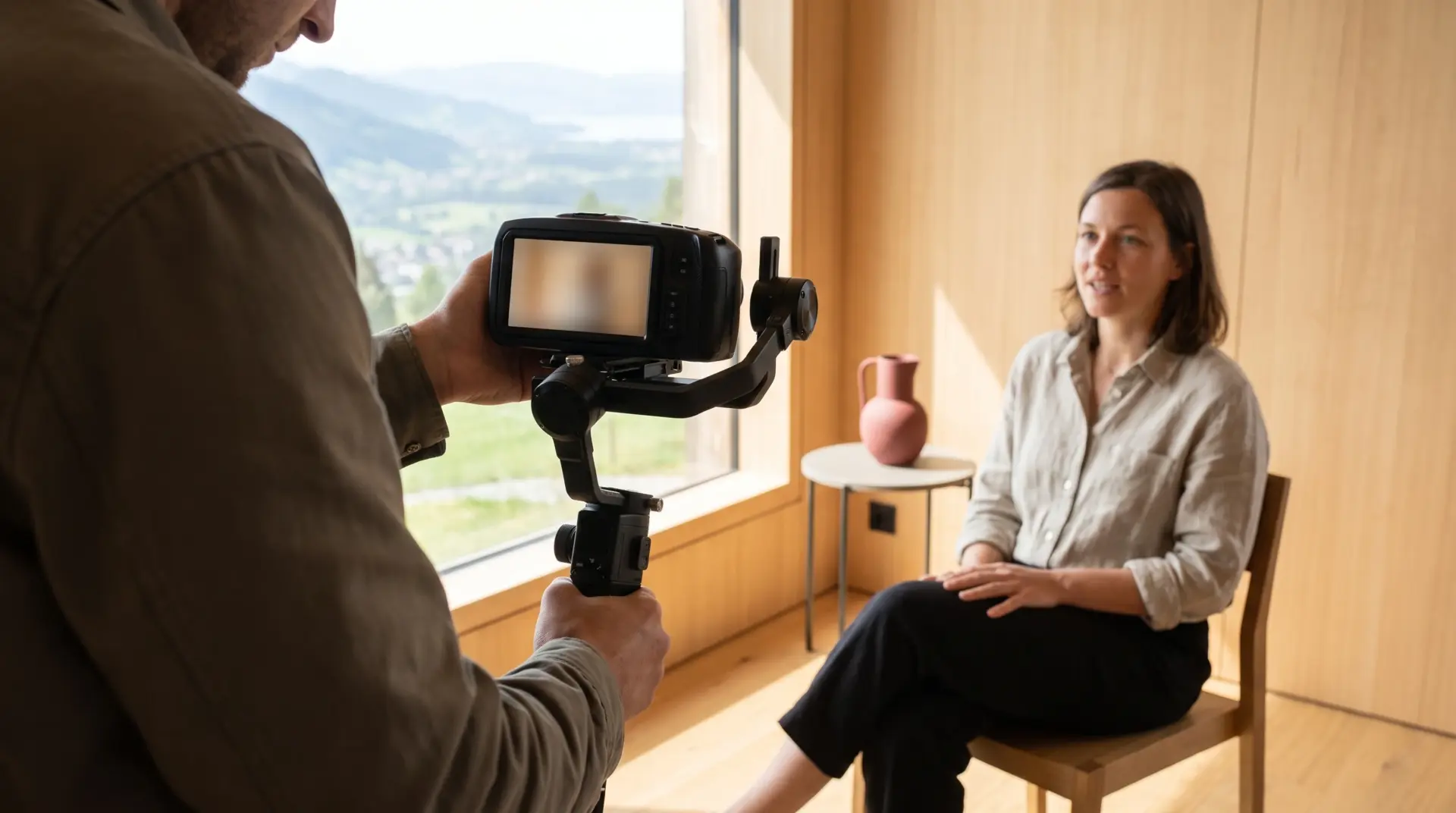 Kameramann filmt mit einer Gimbal-Kamera eine Interviewpartnerin in warmem Holzraum, das Kamera-Rückdisplay zeigt keinen lesbaren Text.
