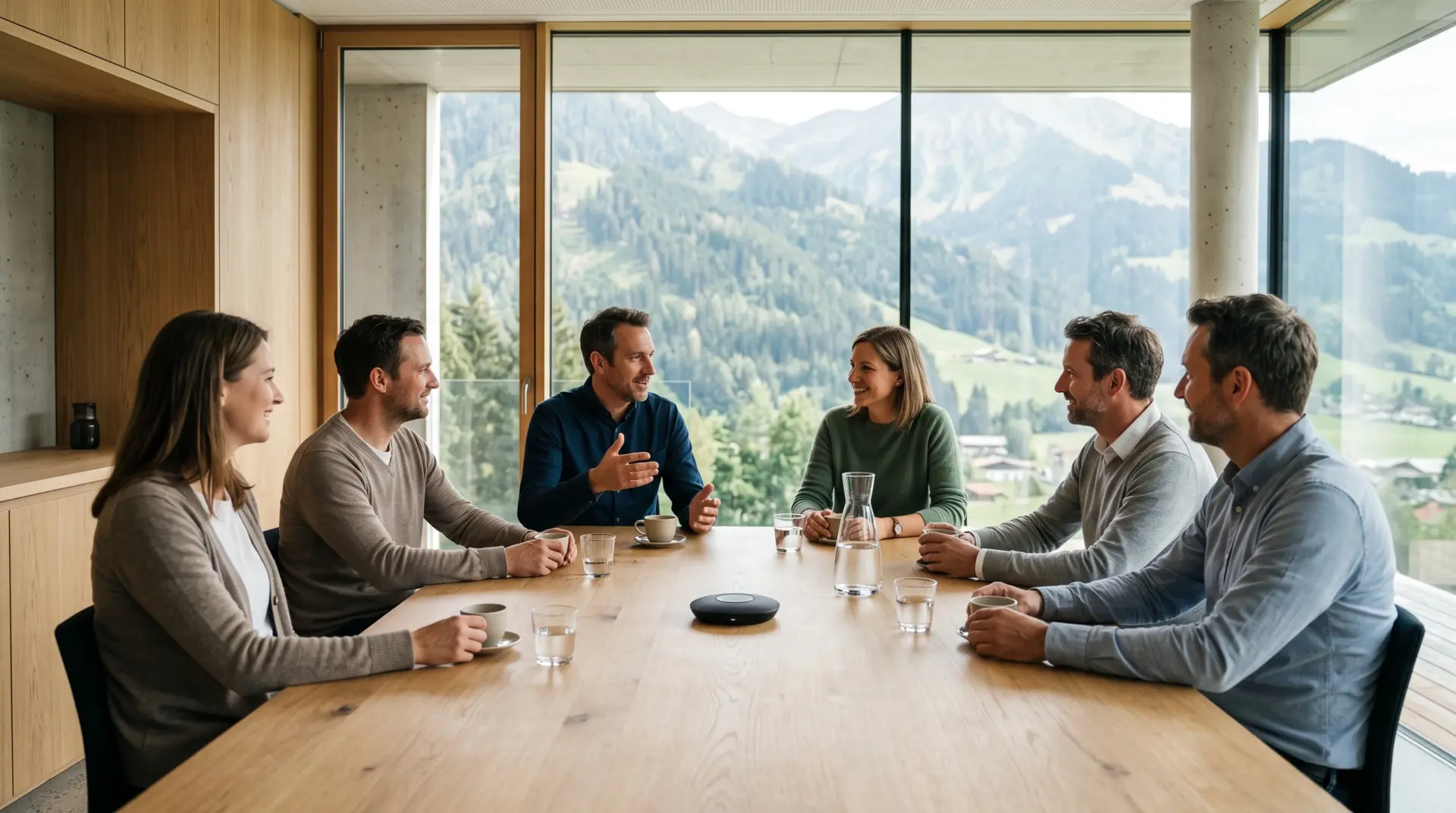 Sechs Personen besprechen sich entspannt an einem Eichentisch, in der Tischmitte liegt ein flaches Grenzflächenmikrofon, im Fenster Berge in Vorarlberg, Agendi KI APP, MULTIMEDIAFABRIK