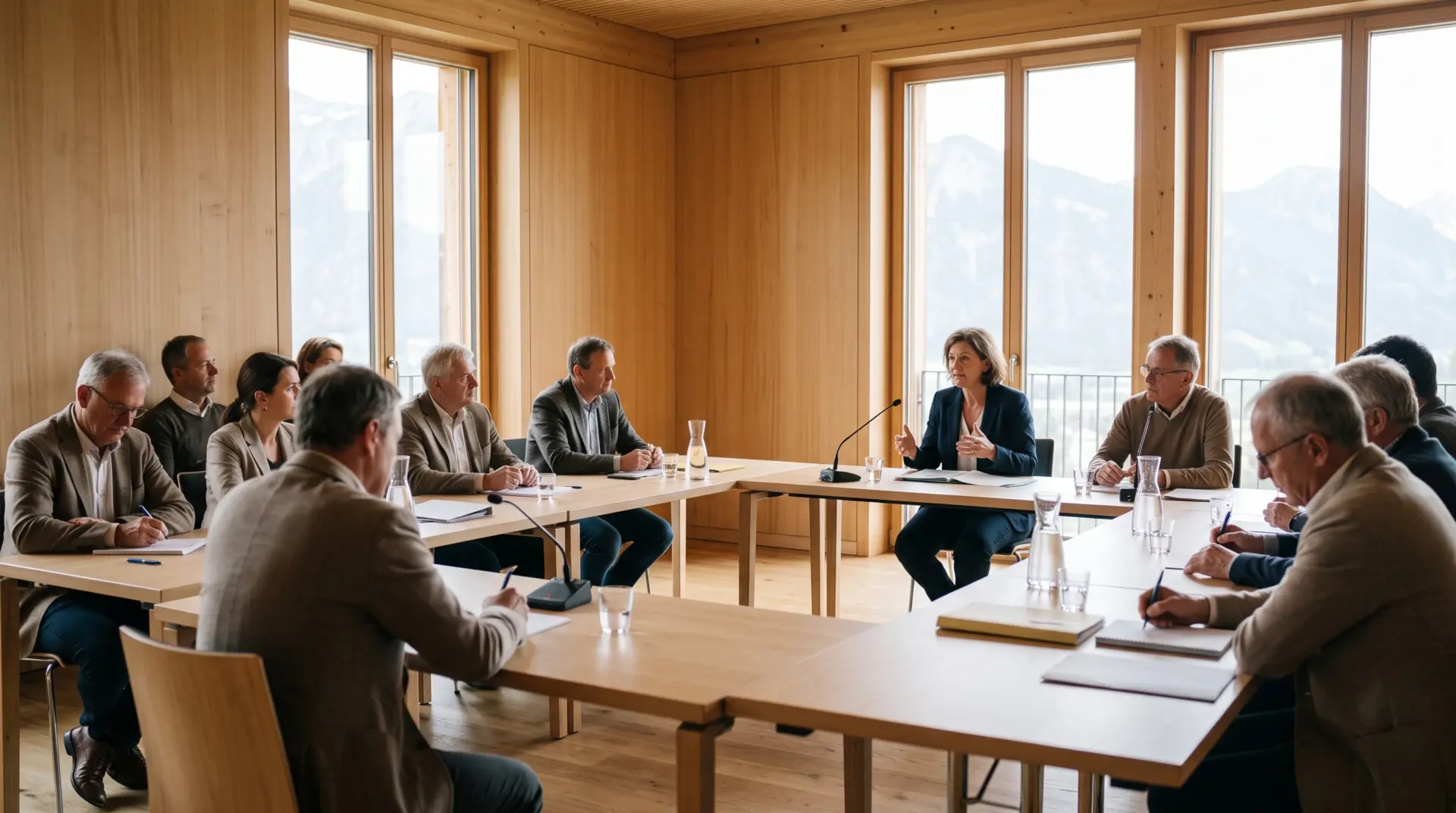 Gemeindevertretung tagt im holzgetäfelten Gemeindesaal in Vorarlberg, die Bürgermeisterin leitet die Sitzung am Kopfende, Agendi KI APP, MULTIMEDIAFABRIK