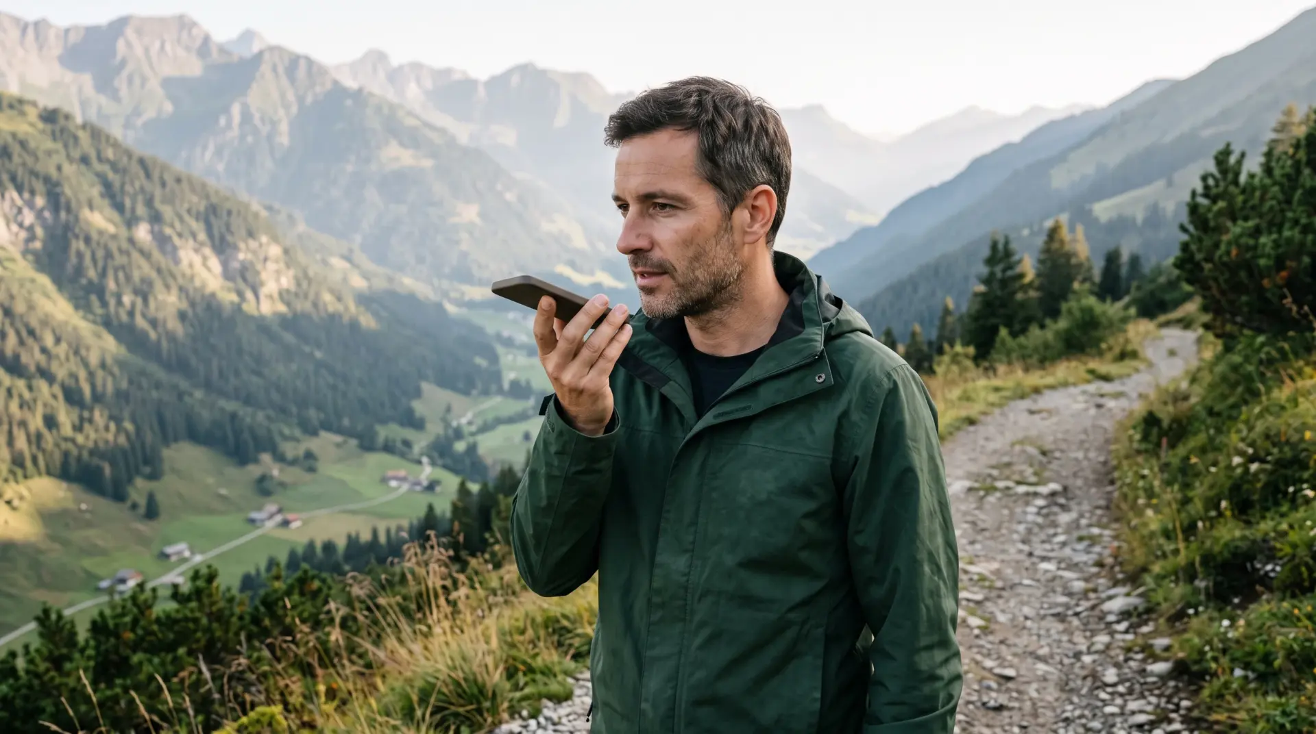 Mann spricht unterwegs eine Sprachnotiz ins Smartphone, im Hintergrund ein Tal mit Bergen in Vorarlberg, Agendi KI APP, MULTIMEDIAFABRIK