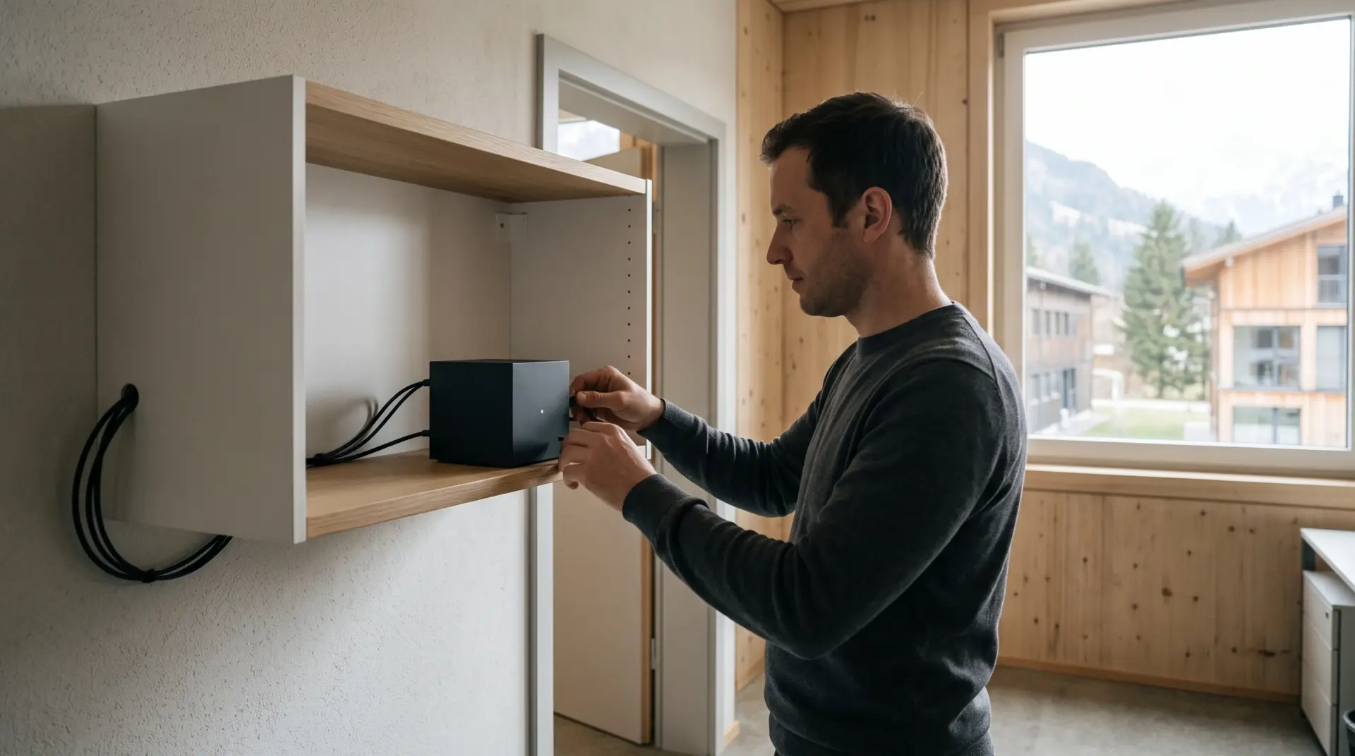 Aufgeräumter Technikraum mit kleinem Server im Wandschrank, ein Techniker prüft die Anlage, Agendi KI APP, MULTIMEDIAFABRIK