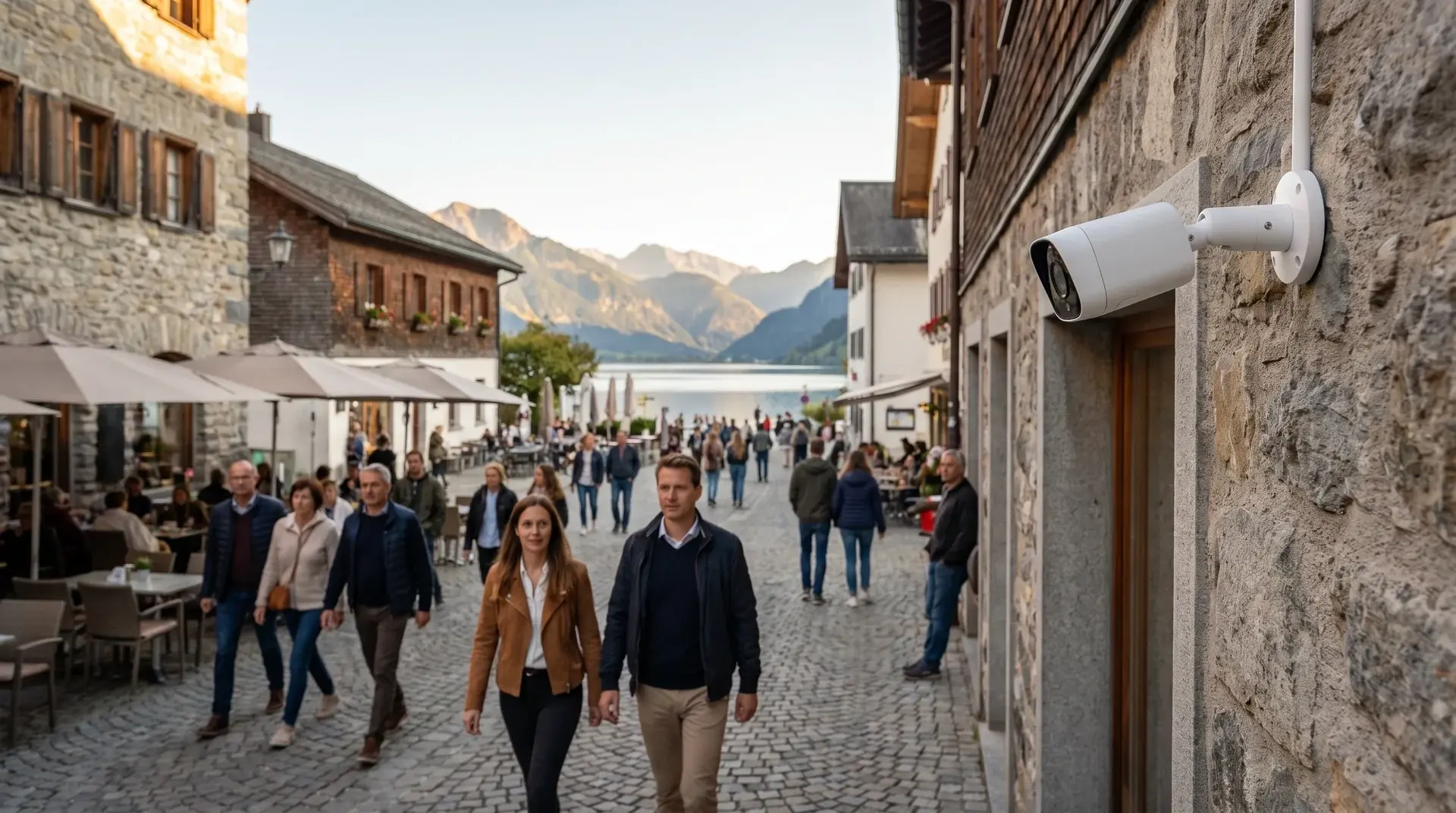Besucherzählung mit KI-Kamera: Belebte Fußgängerzone einer Alpenstadt am See, rechts eine kleine weiße Bullet-Kamera an der Steinfassade (MULTIMEDIAFABRIK, Koblach, Vorarlberg)