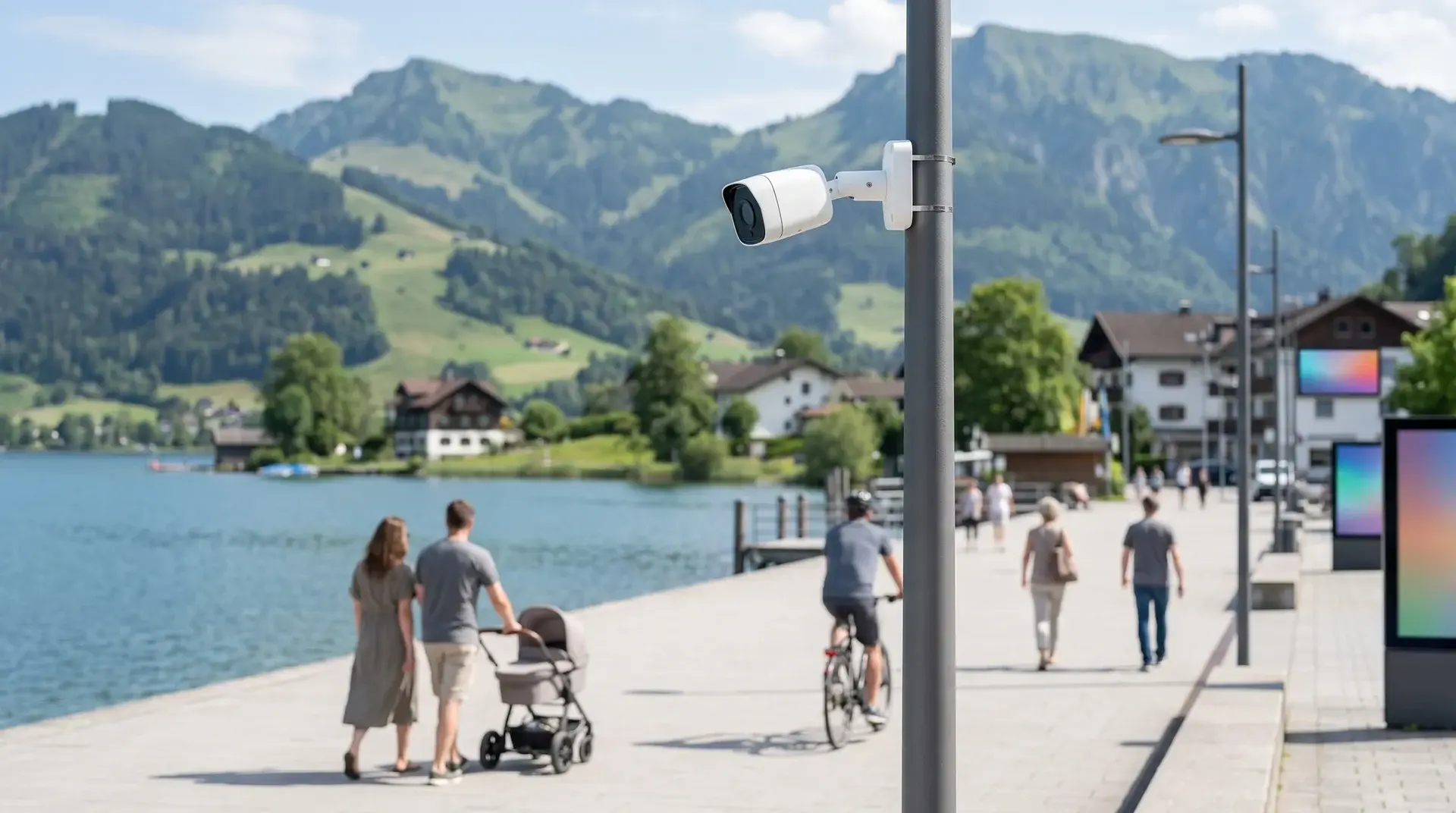 Seepromenade mit Spaziergängern und Radfahrer, am Holzmast eine Kamera