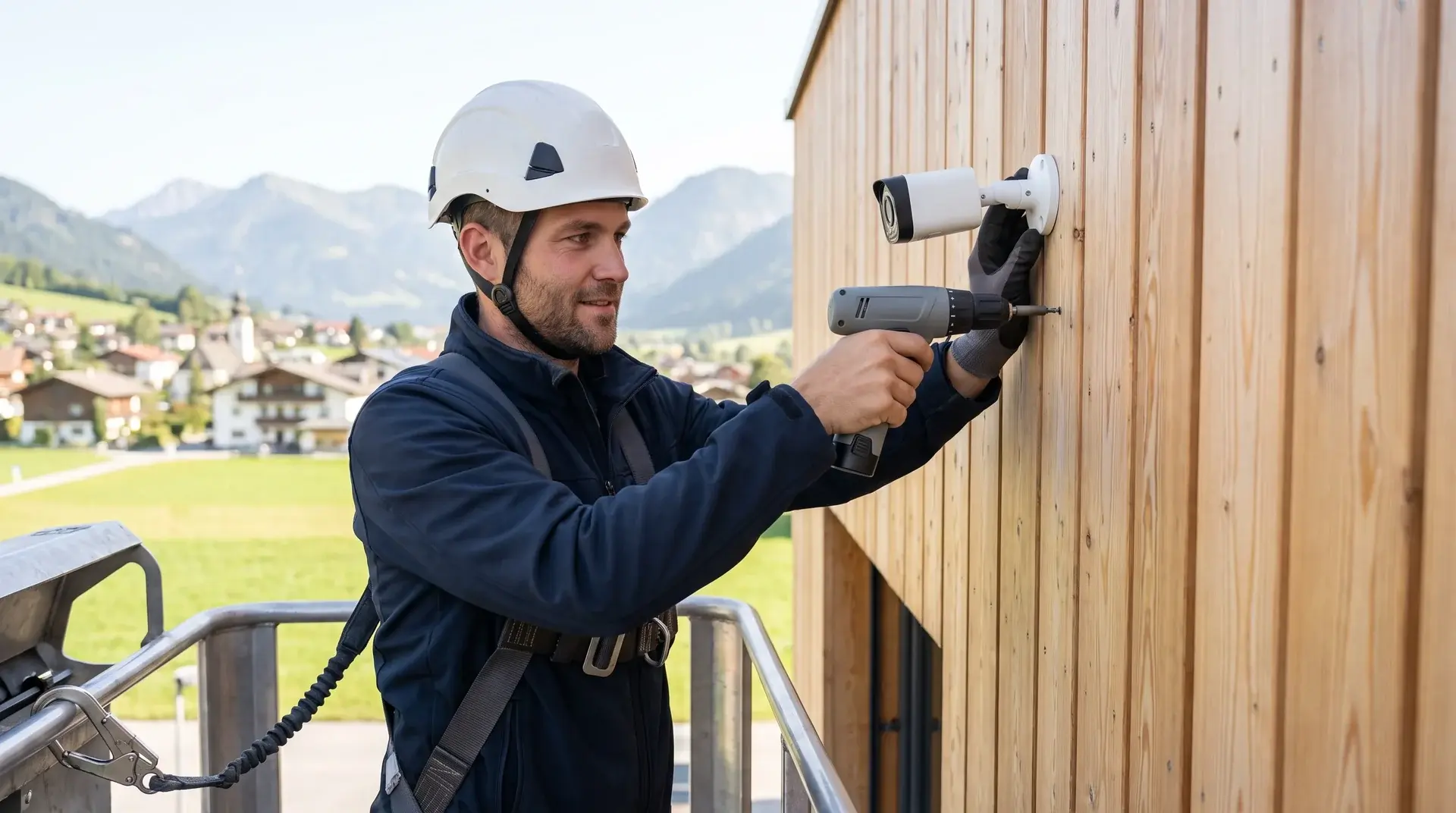 Monteur mit Helm und Sicherungsgurt schraubt eine Kamera an eine Holzfassade, im Hintergrund ein Dorf vor den Bergen