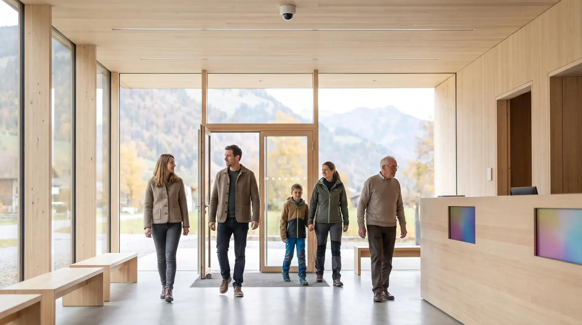 Besucher im Foyer eines Museums aus Holz und Glas, an der Decke eine kleine Dome-Kamera