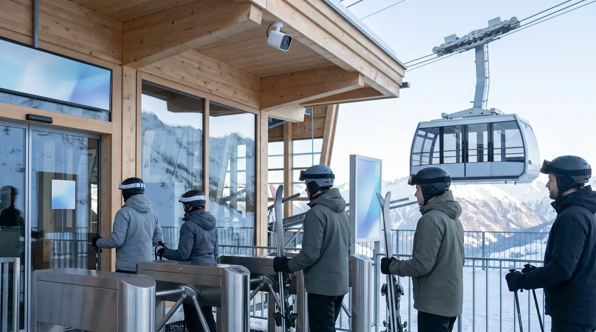 Skifahrer warten an der Talstation einer Gondelbahn, über dem Zugang eine Dome-Kamera