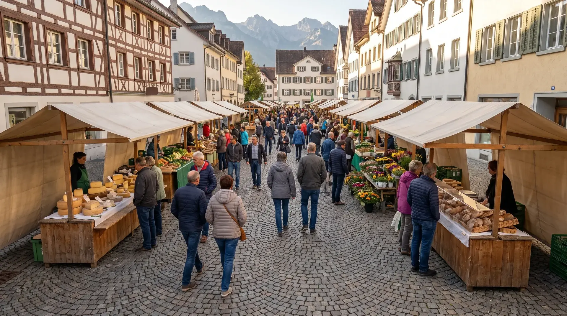 Blick von oben auf einen Wochenmarkt mit Ständen und Passanten in einer Altstadt