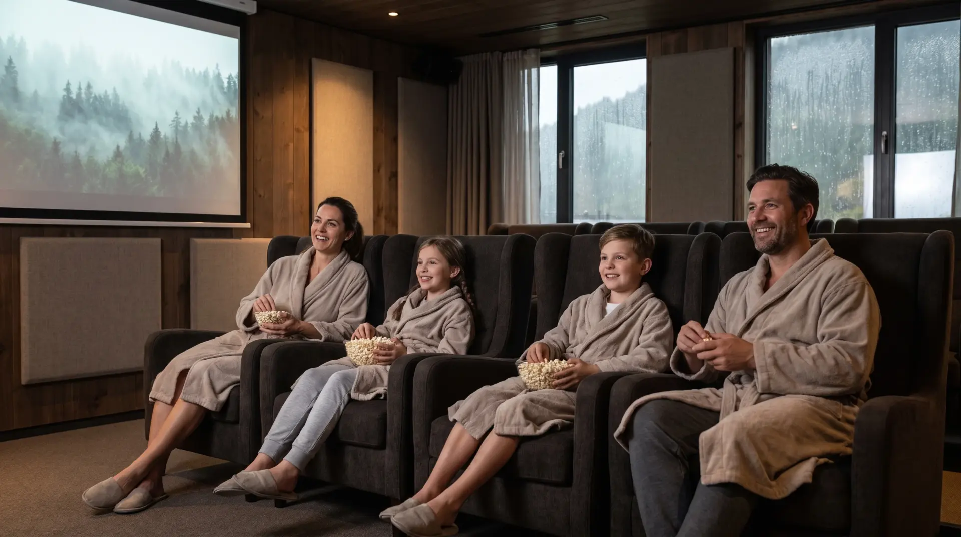 Familie mit zwei Kindern in Bademänteln schaut im Hotelkino an einem Regentag einen Film und isst Popcorn