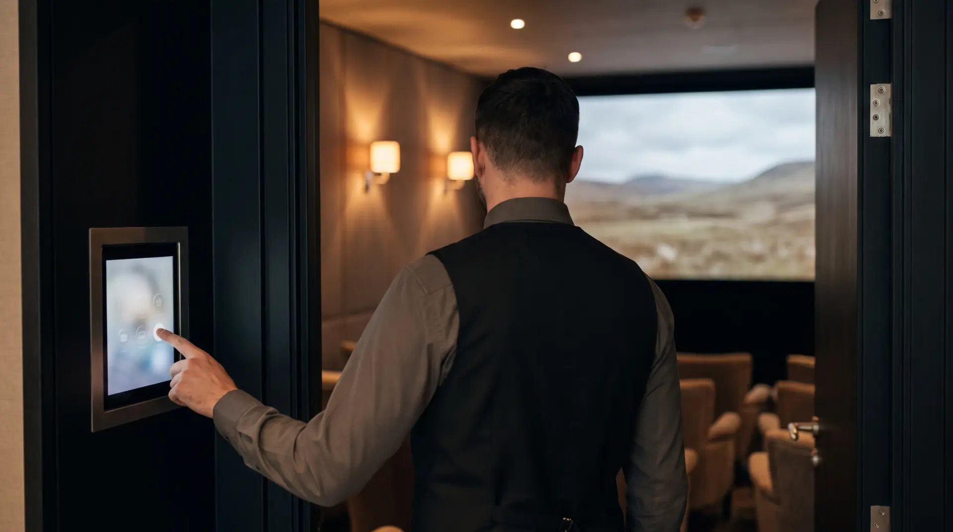 Mitarbeiter startet das Hotelkino über ein Tablet an der Wand, im Raum dimmt das Licht