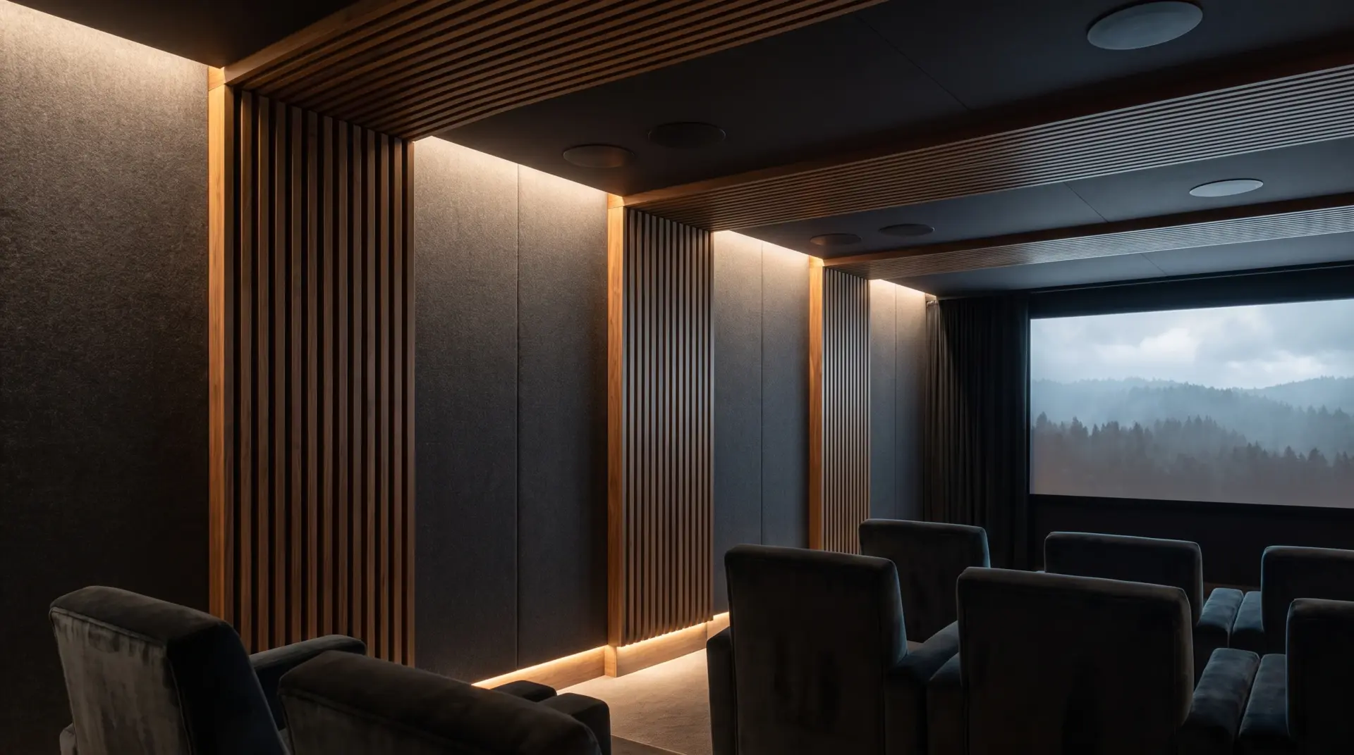 Detailaufnahme der Raumakustik im Hotelkino mit Holzlamellen, Stoffpaneelen und Deckenlautsprechern