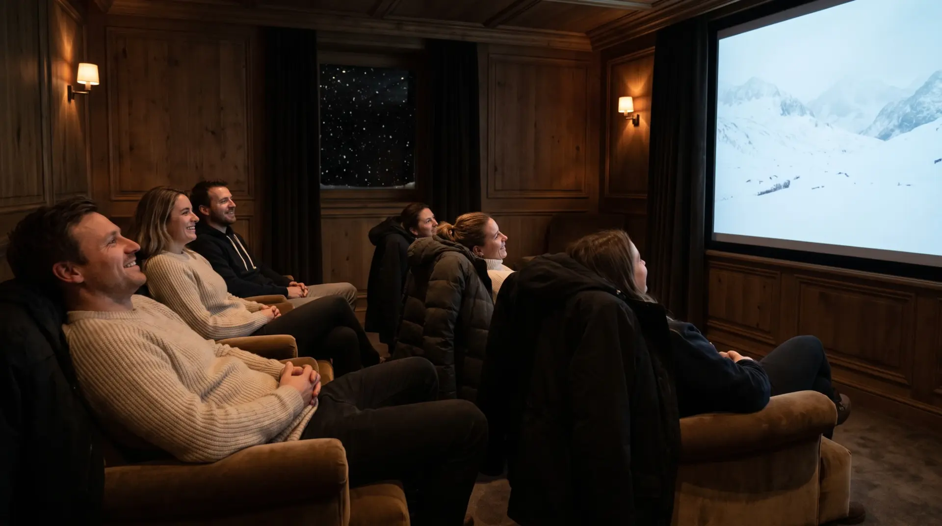 Gäste entspannen nach dem Skitag im Hotelkino, Jacken über den Sesseln, draußen fällt Schnee
